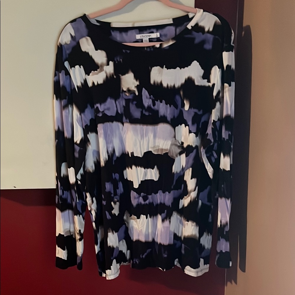 Chico's Abstract Long-Sleeve Blouse - Black, White, Purple